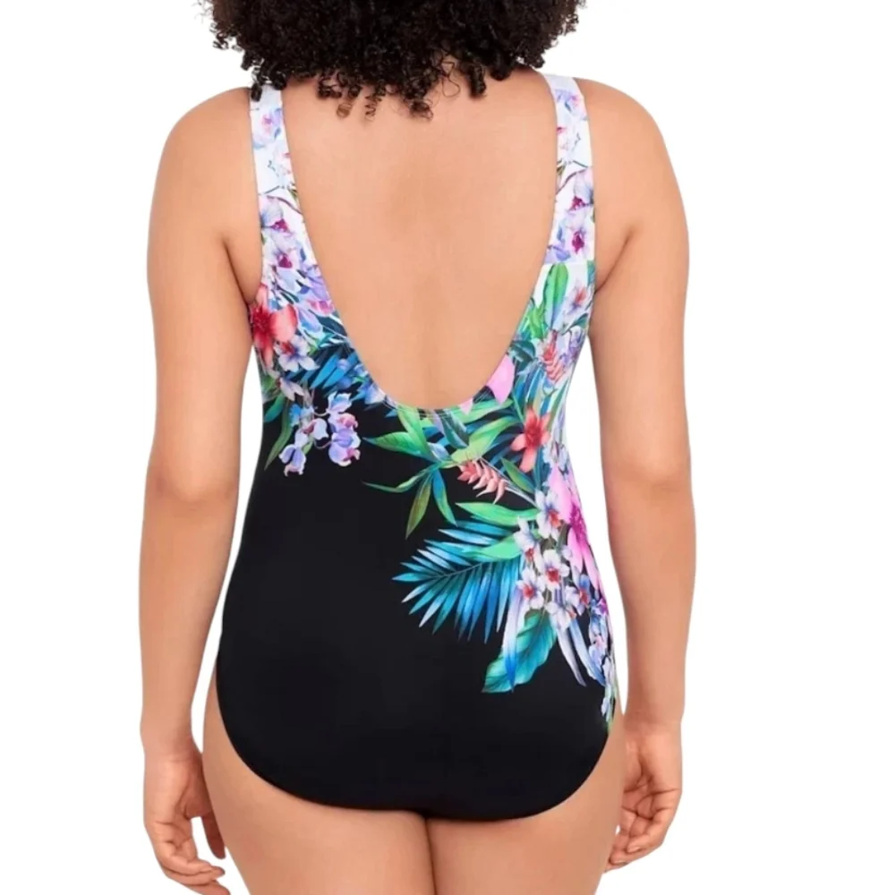 Longitude Black White Pink Floral Scoopback Highneck Long Torso One-Piece 22W - Picture 2 of 8